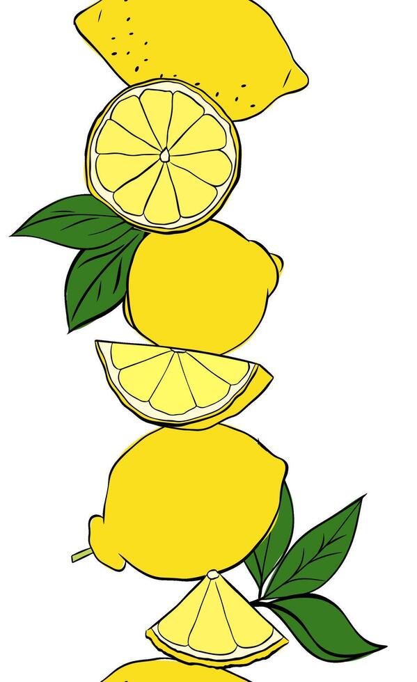 Lemons whole, slices and leaves Vertical seamless border background. graphic line ink illustration. Sample poster, party invitation, holiday banner, postcard. vector
