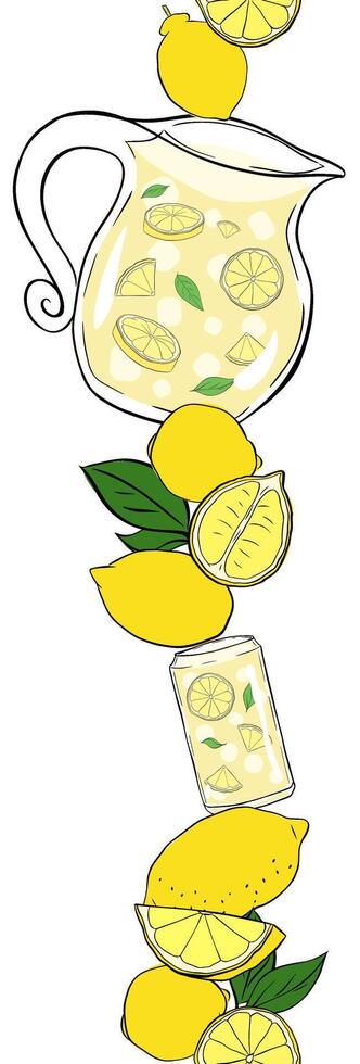 Lemonade with lemons whole and slices, green leaves seamless vertical border. graphic line ink illustration. art for food design, recipe, cook book, packages, menu, food ads and decor vector