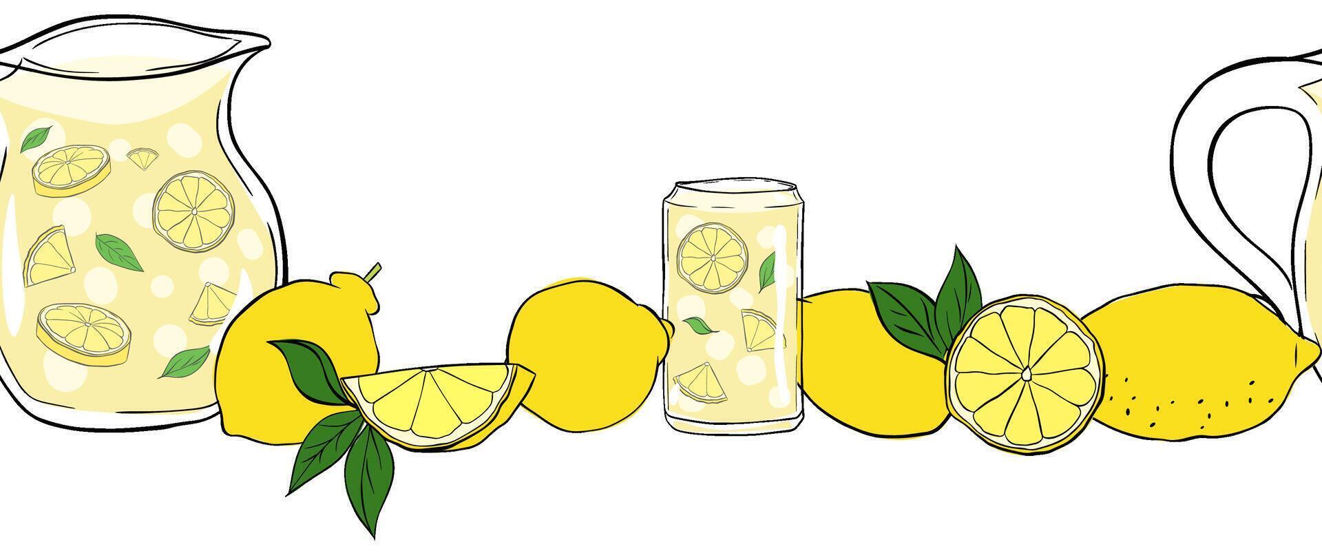Lemonade with lemons whole and slices, green leaves seamless horizontal border. graphic line ink illustration. Sample poster, party invitation, holiday banner, postcard. close-up vector