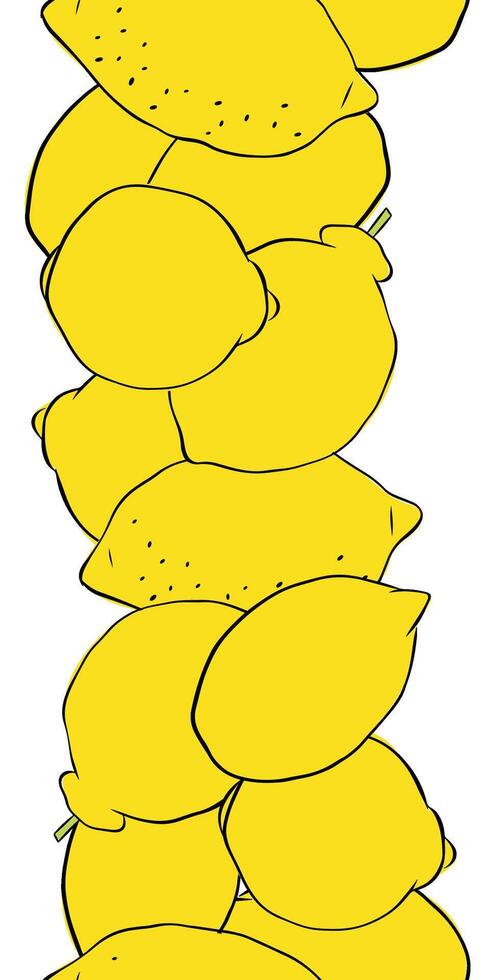 Lemons citric fruits seamless vertical border. Hand drawn graphic line ink illustration. Ideal for menu, package, cosmetic, textile, cards vector