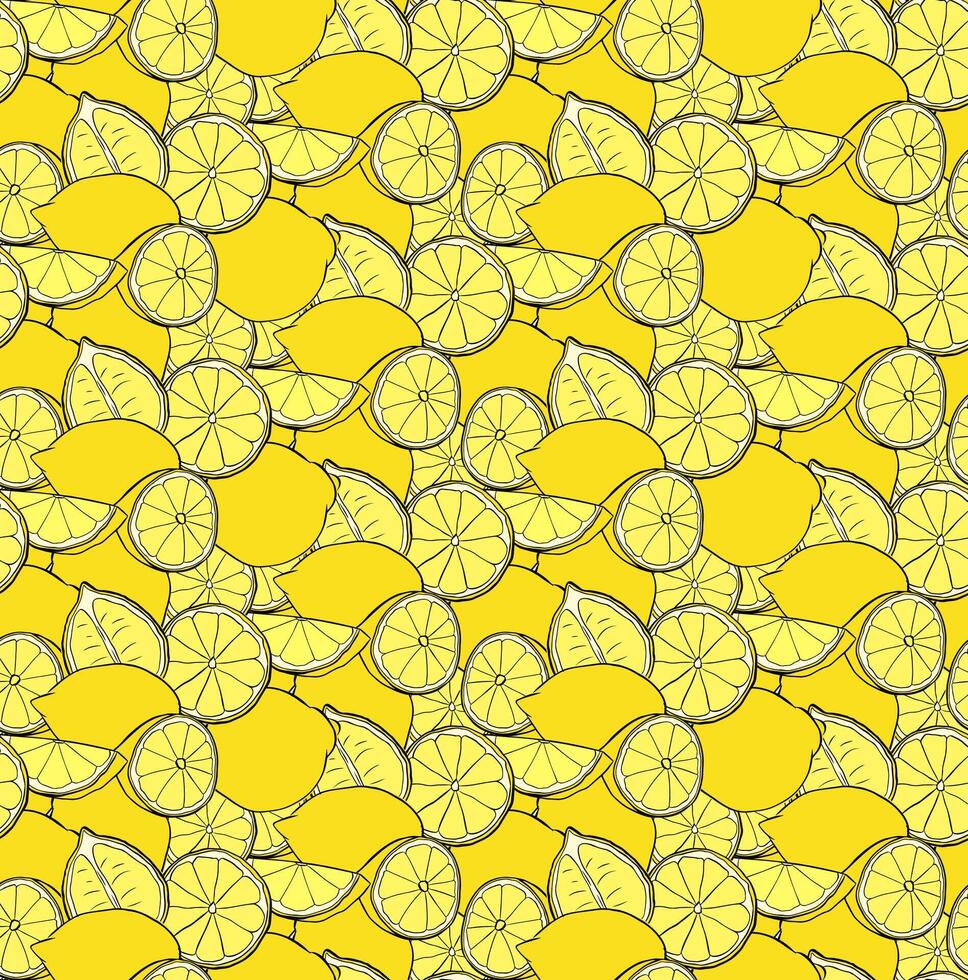 Lemons whole and cut close up seamless pattern. graphic line ink yellow illustration on transparent background. Ideal for menu, package, cosmetic, textile, cards vector