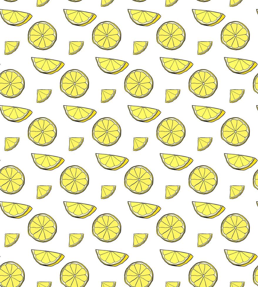 Lemon slices seamless pattern. graphic line ink yellow illustration on transparent background. Ideal for menu, package, cosmetic, textile, cards vector