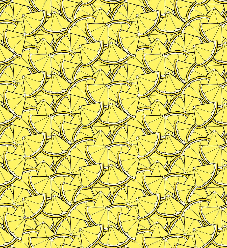 Lemon slices close up seamless pattern. graphic line ink yellow illustration on transparent background. Ideal for menu, package, cosmetic, textile, cards vector