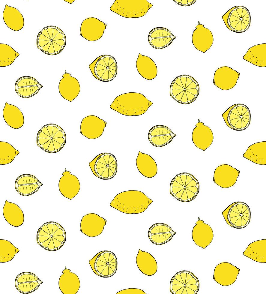 Lemons whole and cut seamless pattern. graphic line ink yellow illustration on transparent background. fruit background for banners, print for fabric, labels, t-shirt printing. vector