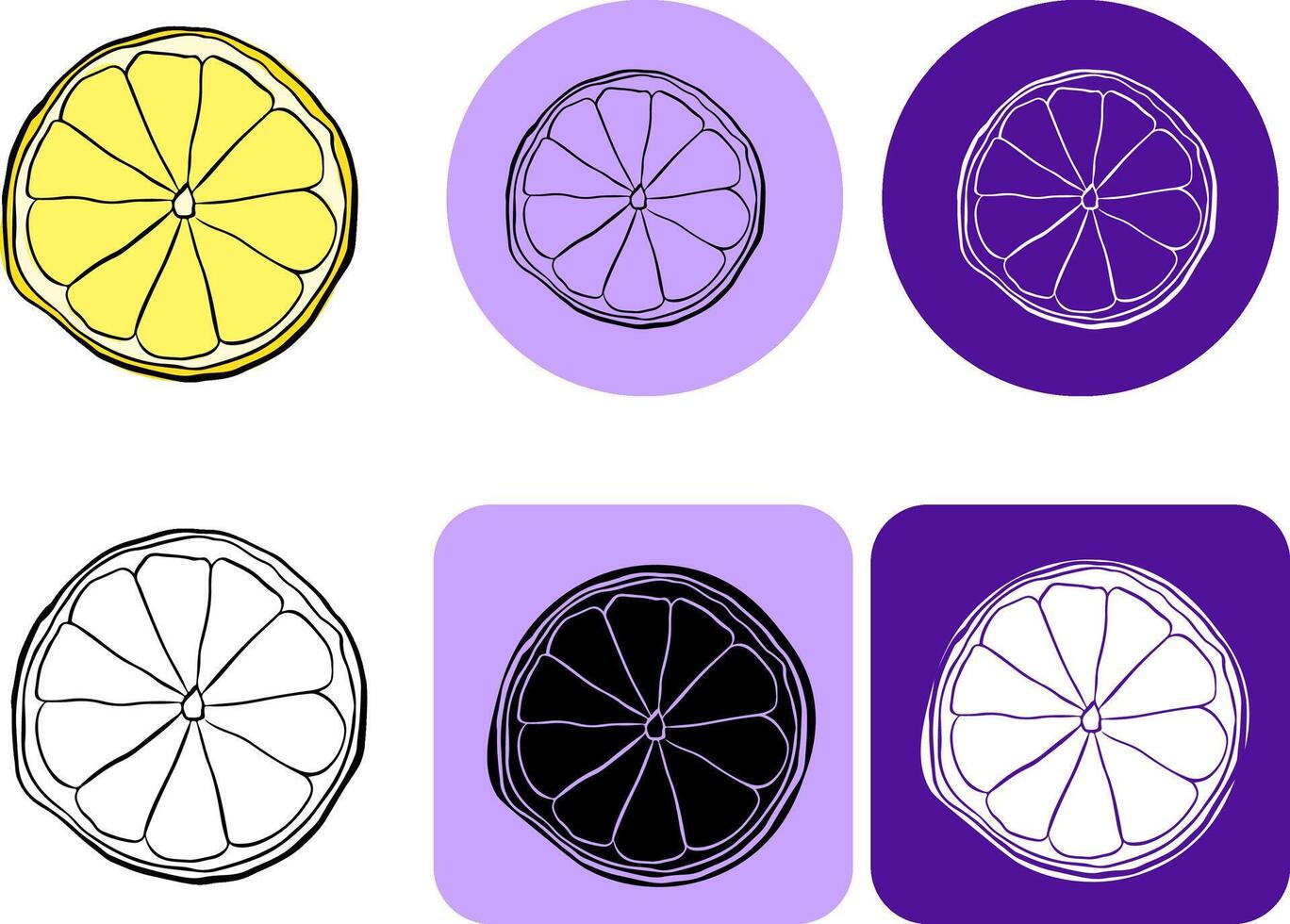 Lemon slice fruit logo icon. Graphic line ink illustration in black and white colors. vector