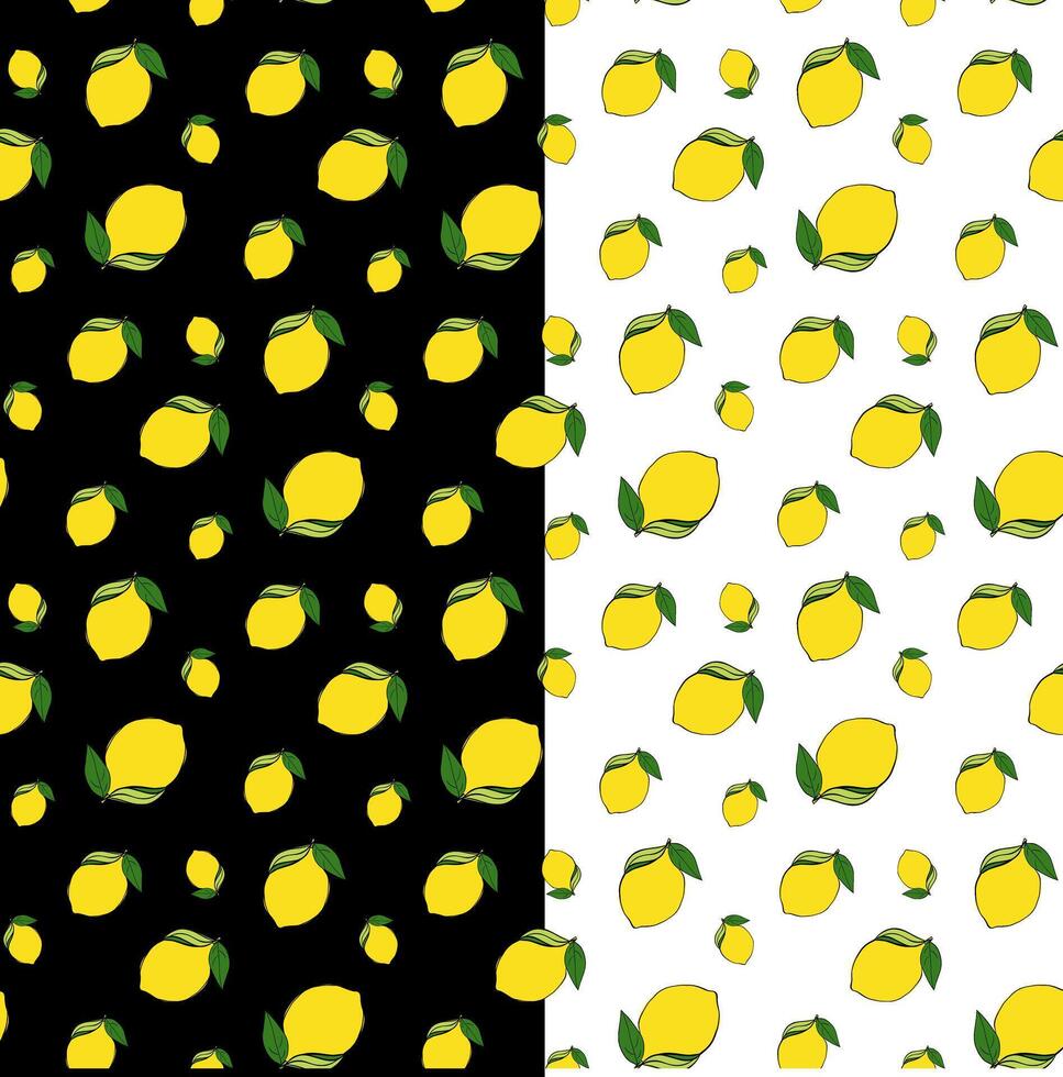 Lemons with leaves seamless pattern. graphic line ink yellow illustration on transparent background. Ideal for menu, package, cosmetic, textile, cards vector