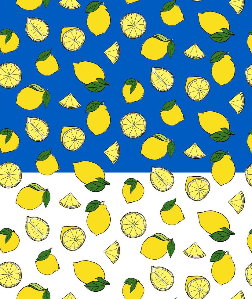 Lemons whole and cut seamless pattern. green leaves. graphic line ink yellow illustration on transparent background. fruit background for banners, print for fabric, labels, t-shirt vector