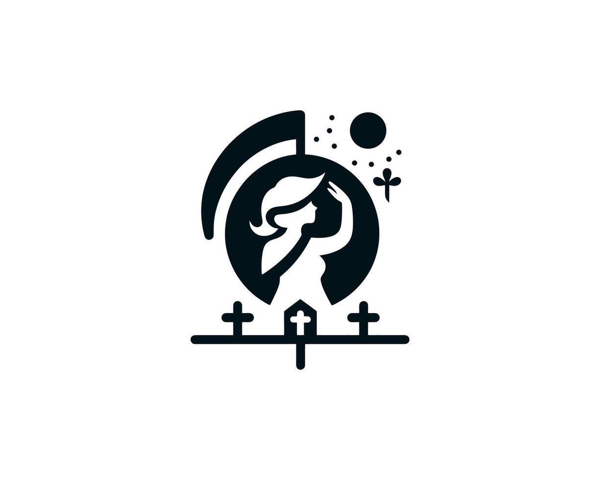 A black and white logo with a woman holding a cross vector
