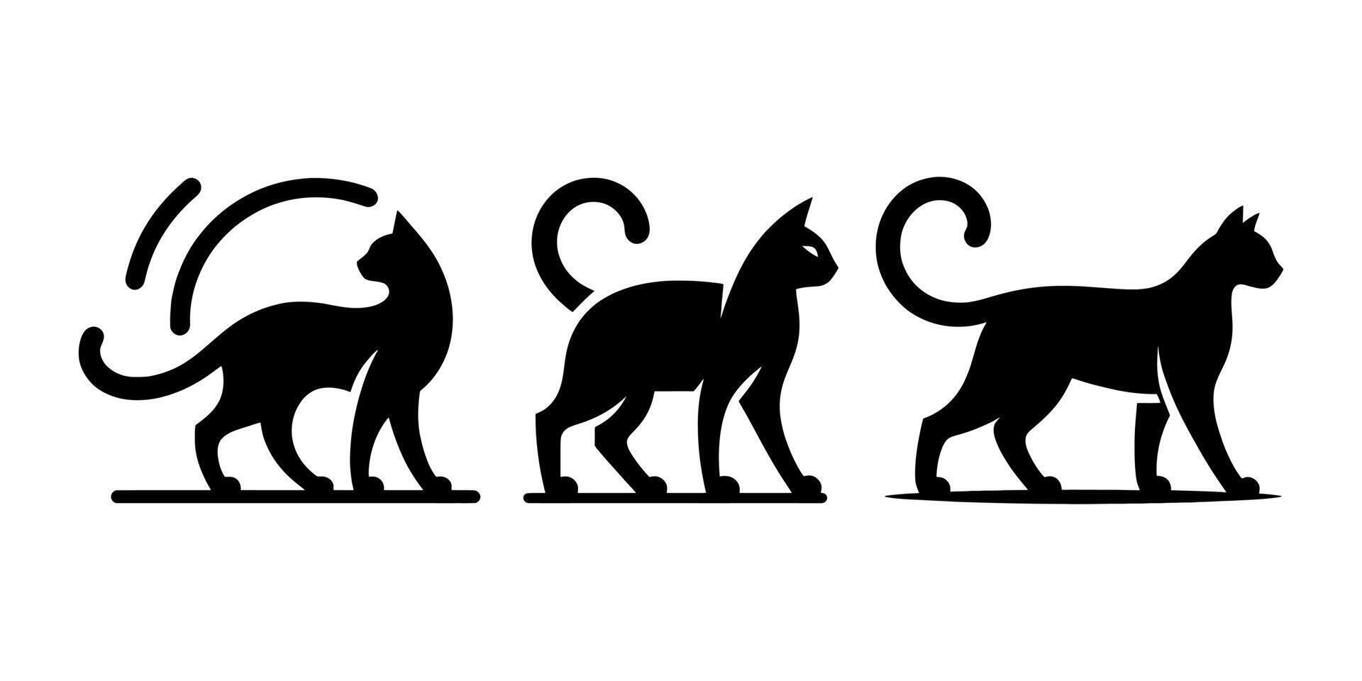 Three black silhouettes of cats standing on a white background vector
