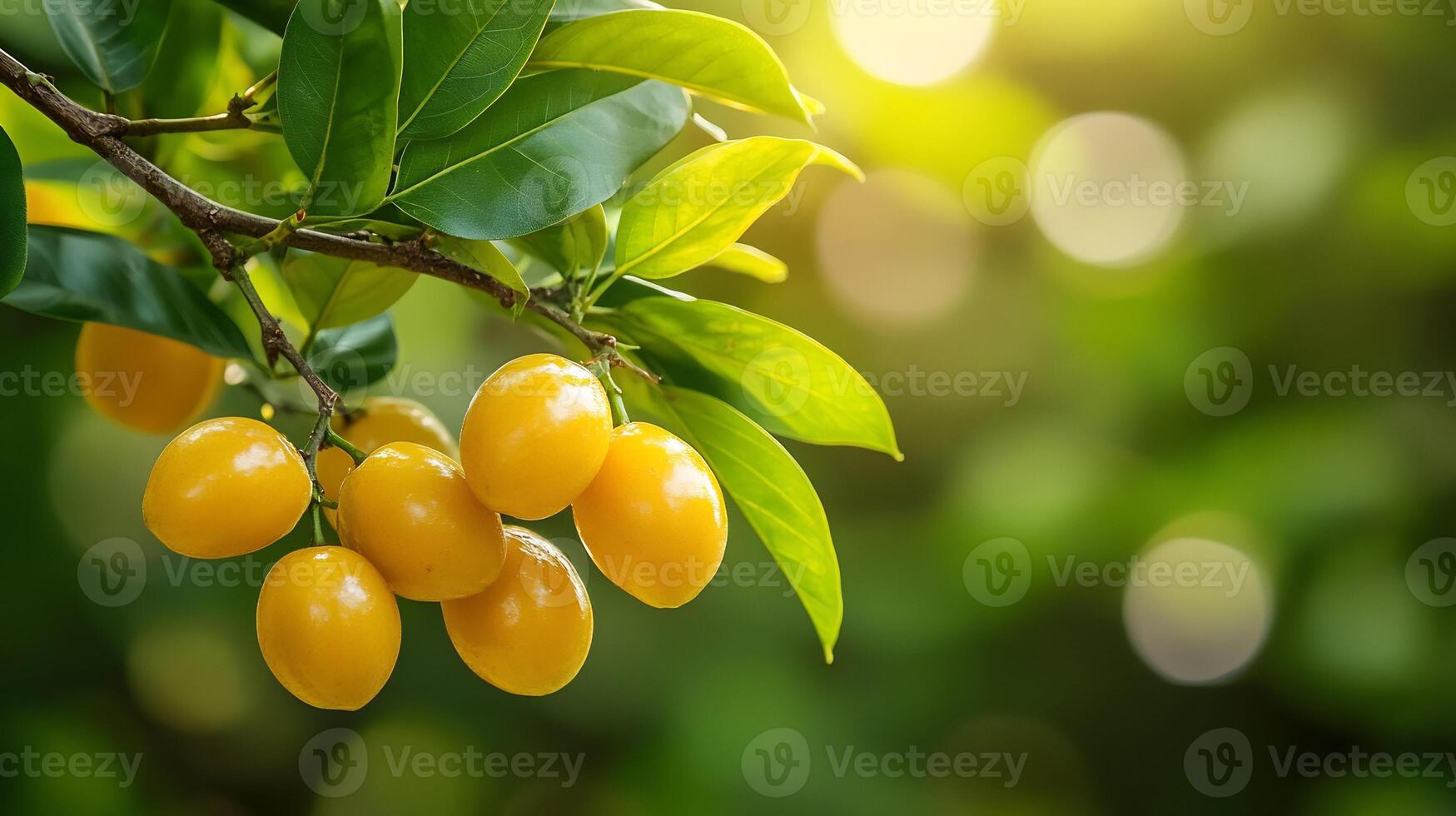 Branch granadillas oval shaped yellow fruits a smooth texture surrounded by green tropical leaves sunlight enhancing the fruits vibrant yellow color close up focus on the texture defocused background photo
