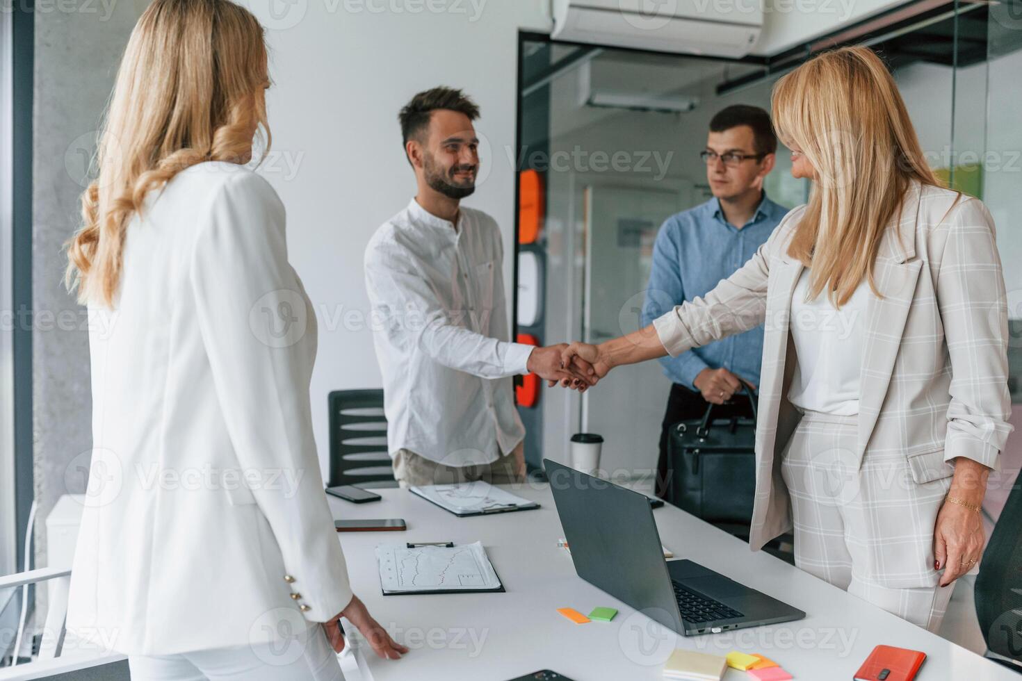 Making handshake. Group of professional business people is in the office photo
