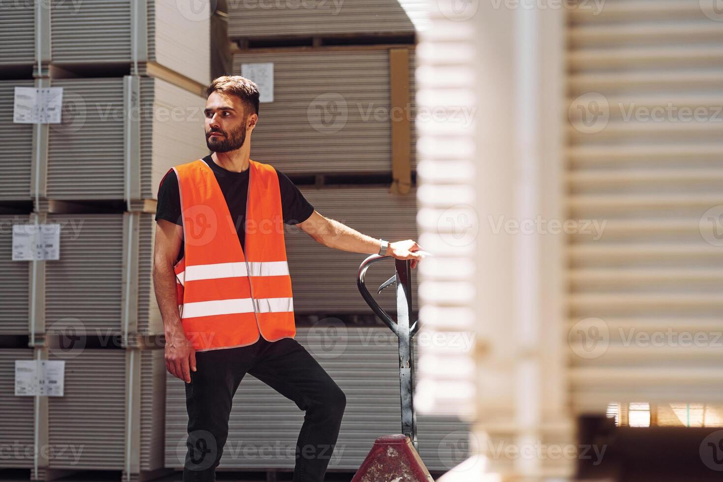 Standing with platform trolley. Storage worker is in the warehouse with bunch of products photo