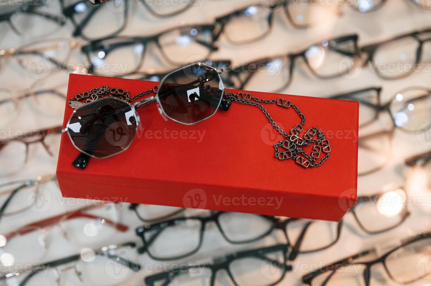 Close up view of brand new glasses that, is in the store photo