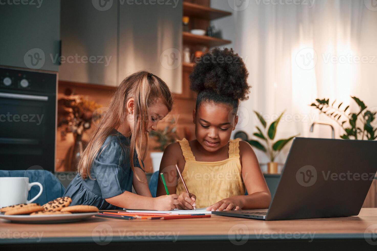 Two little girls sitting by the table and drawing photo