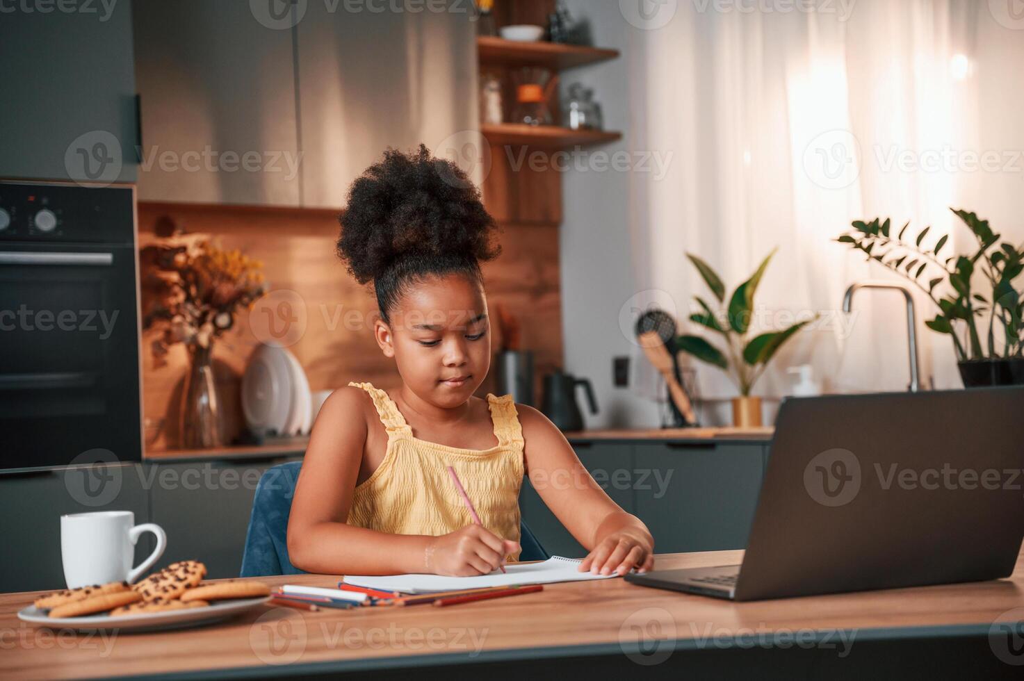 Sitting by the ,table with laptop and paper for drawing. Cute black girl in casual clothes is at home at daytime photo