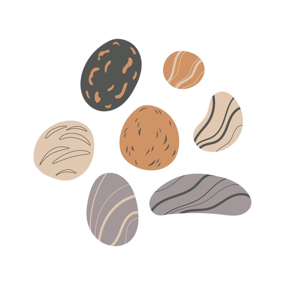 Sea river stones on isolated background. Hand drawn set with coloured pebbles breccia in flat style. Shingle, underwater world, nature, seacoast, spa. Design for card, paper, logo, sign, decor vector