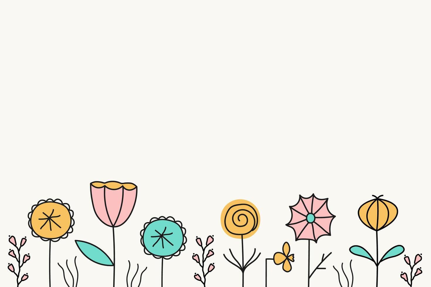 Banner with different Spring or Summer abstract Flowers for text. Hand drawn Background with blooming plants for web, print, paper, card. Design border for seasons, holidays, invitation vector