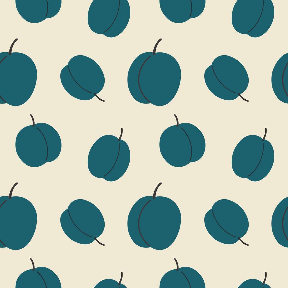 Seamless pattern with Plum in flat style. Repeating background with oval fleshy fruits blue berry for wrapping, label, sign, card, textile, template, print, paper. Fruity harvest, food, orchard vector