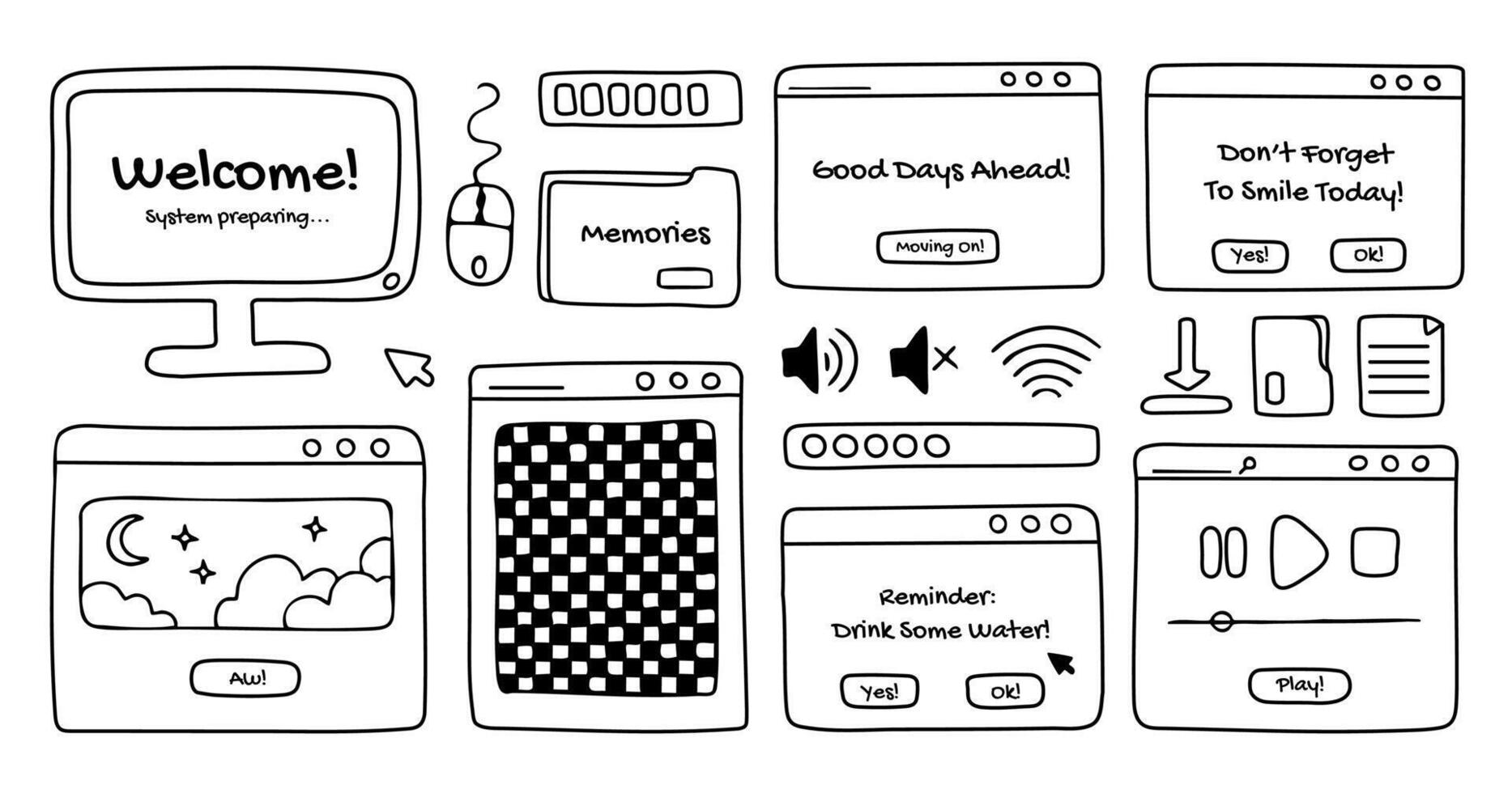 Computer windows and open dialog frames doodles, screen, folders and other pc user interface signs and symbols. Graphic design elements, hand drawn, black outline. vector