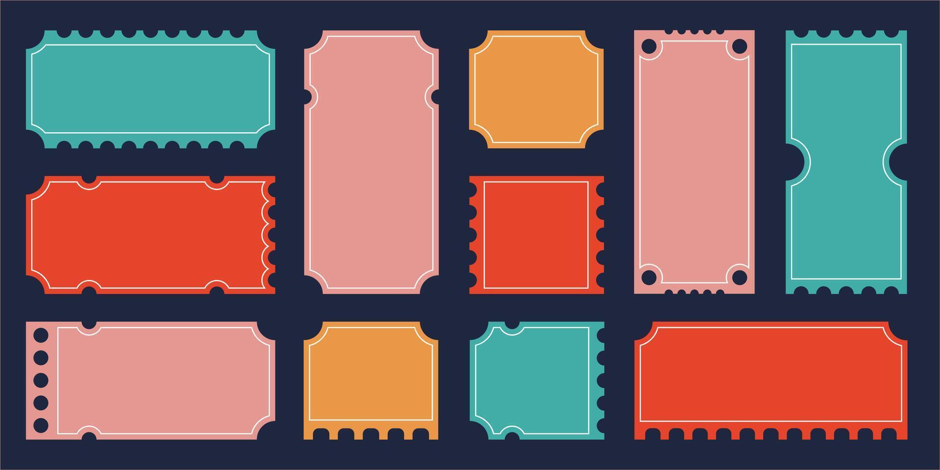 Empty frames with stabbing, tickets and coupons shapes, colorful text and message paper boxes. illustration vector