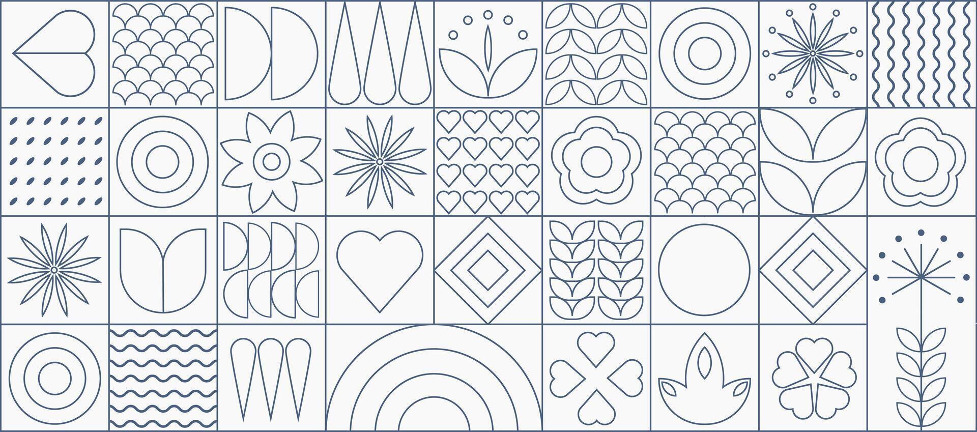 Geometric line art banner with geometric shapes and figures. Retro banner with forms and flowers in outline style. illustration. vector