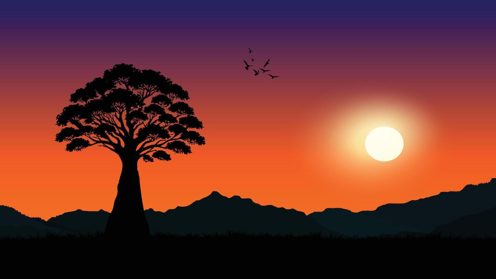 A digital illustration depicting a sunset landscape with a large, broad-leaved tree and warm, orange and purple hues. The sun is positioned near the horizon vector