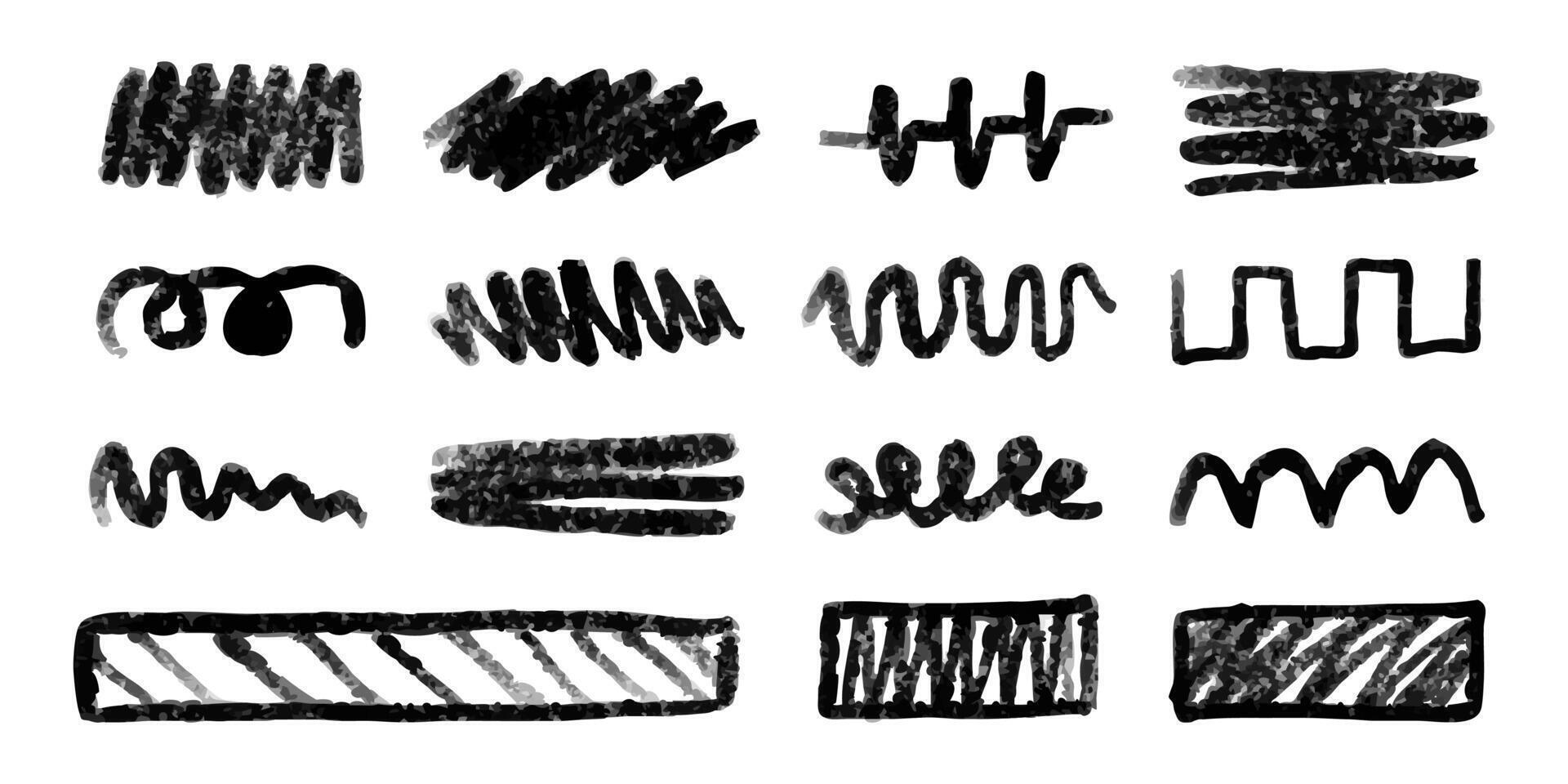Coal s scribbles, drawn with black charcoal, crayon texture, freehand graphic for decoration. Stickers, design elements, hand drawing. illustration. vector