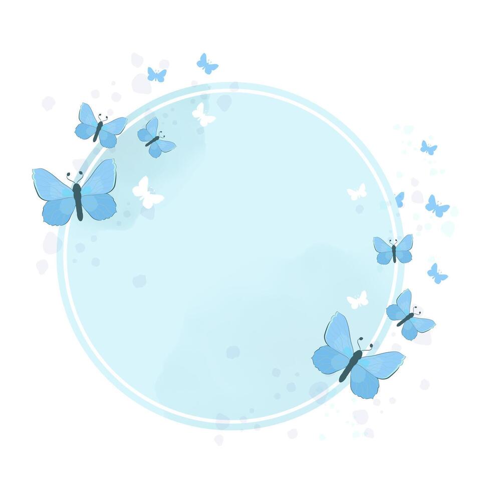 Delicate Circular Frame with Blue Butterflies and Soft Watercolor Background. Hand-Drawn Border for Wedding Invitations, Greeting Cards, Branding, and Romantic Design Projects. vector