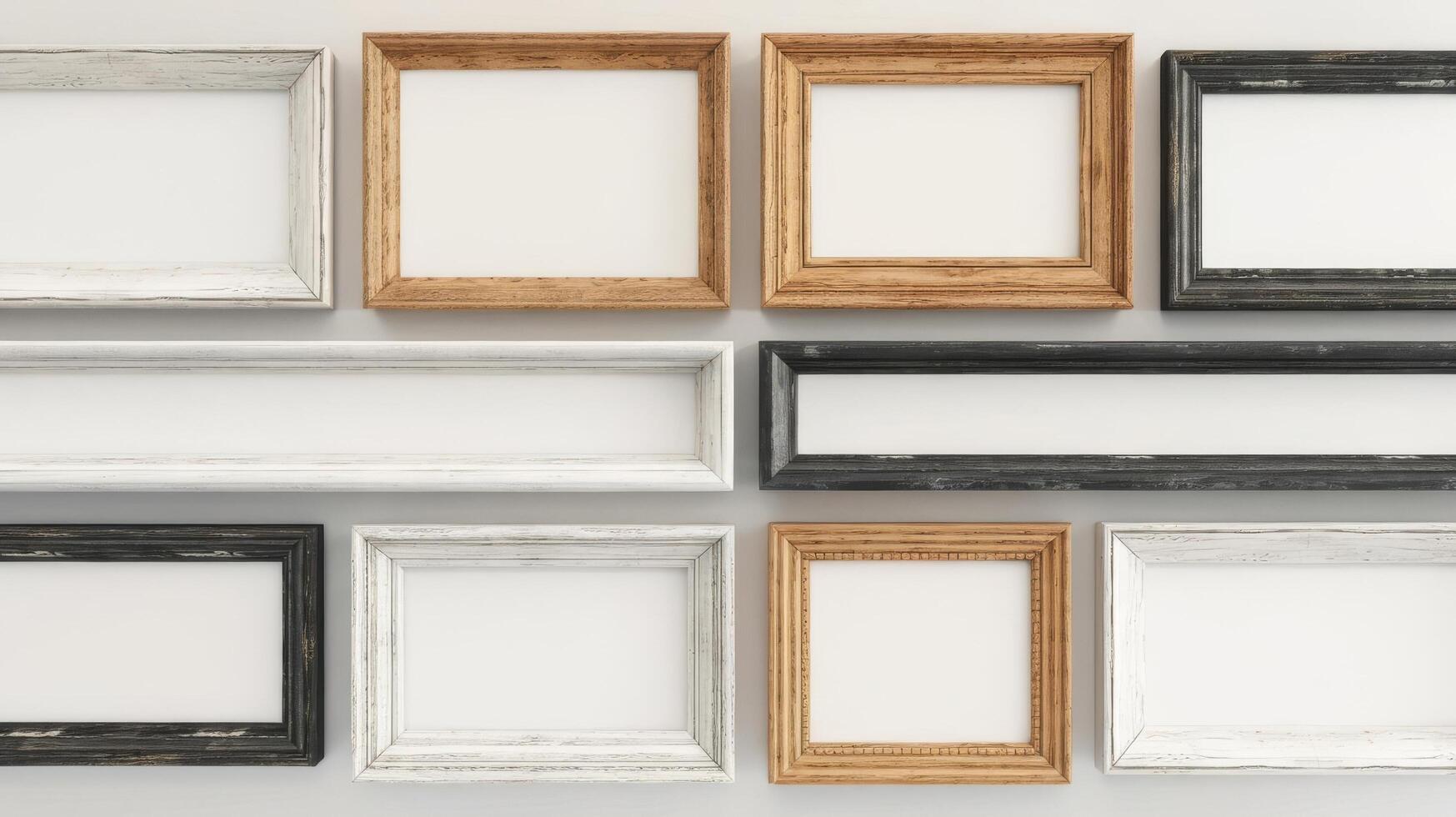 Various frames on a wall with white background photo