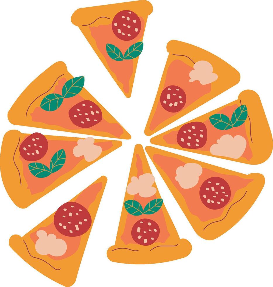 Pizza slices with basil, paperoni, salami, tomato, cheese and mozzarella on transparent background. Italian food. Great for posters, advertisements, banners, flyers and menus. vector