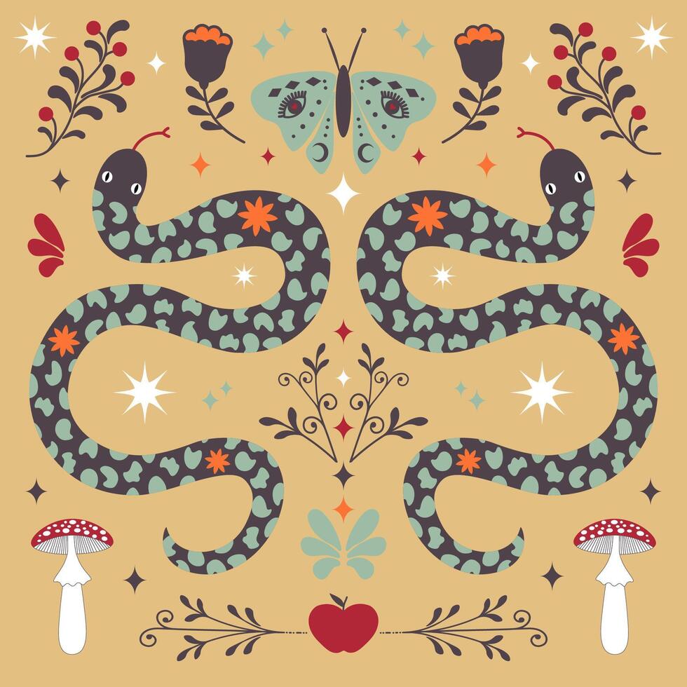 Symmetrical ornament with snakes and flowers, scandinavian autumn pattern illustration vector