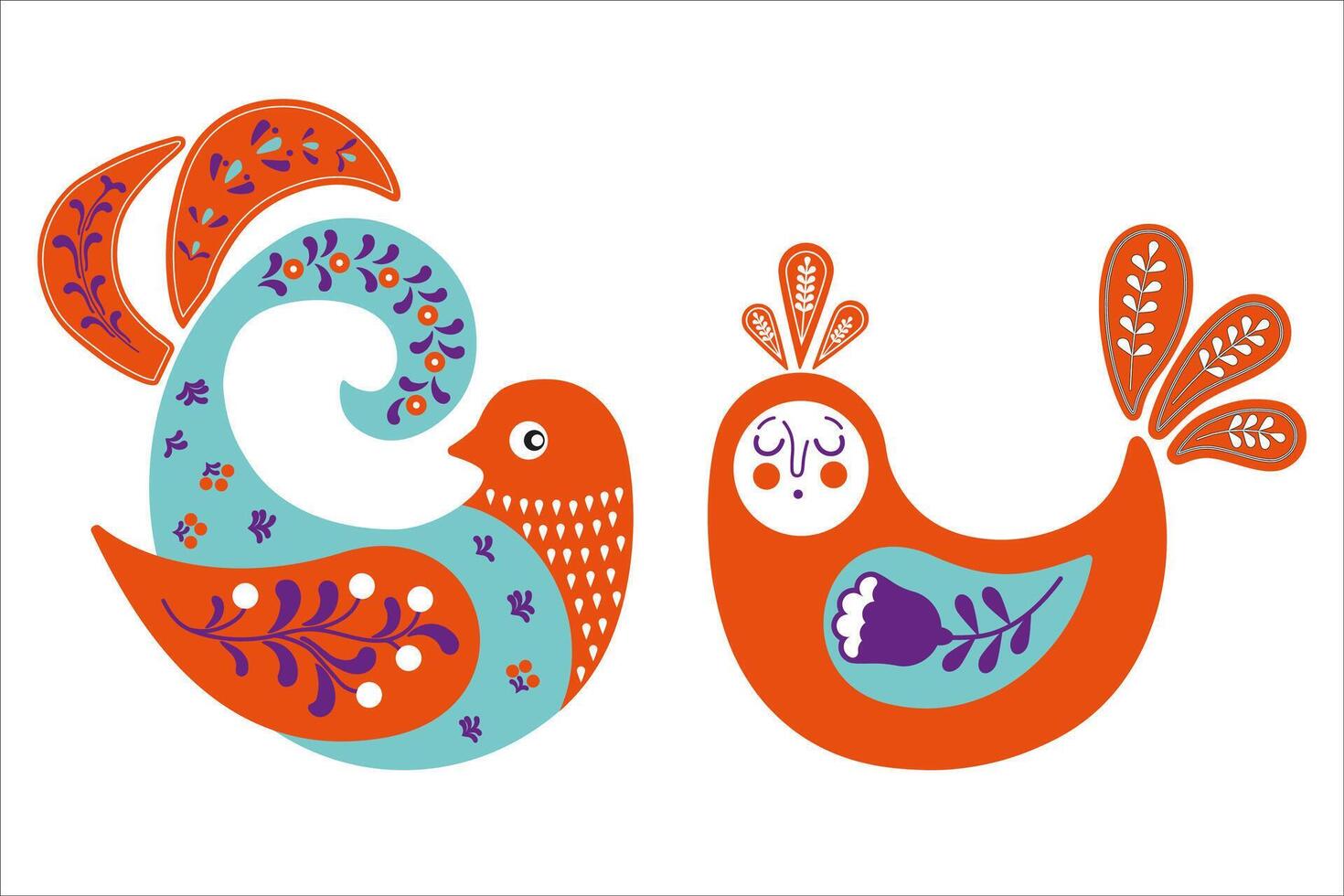 Ethnic birds with ornamental patterns and flowers Illustration. Vibrant stylized birds in a traditional folk style. Scandinavian style greeting card or invitation. White background vector
