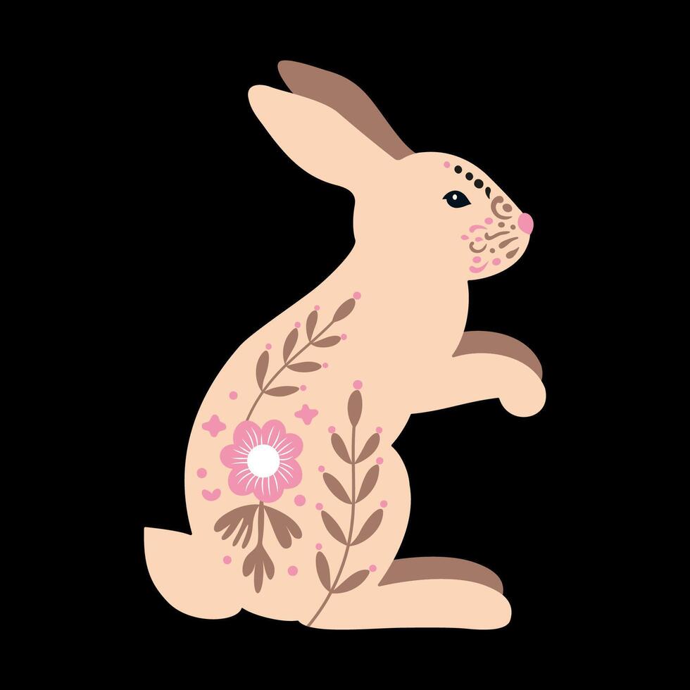 Folk Art Bunny with Floral Patterns. Pastel color illustration on black background vector