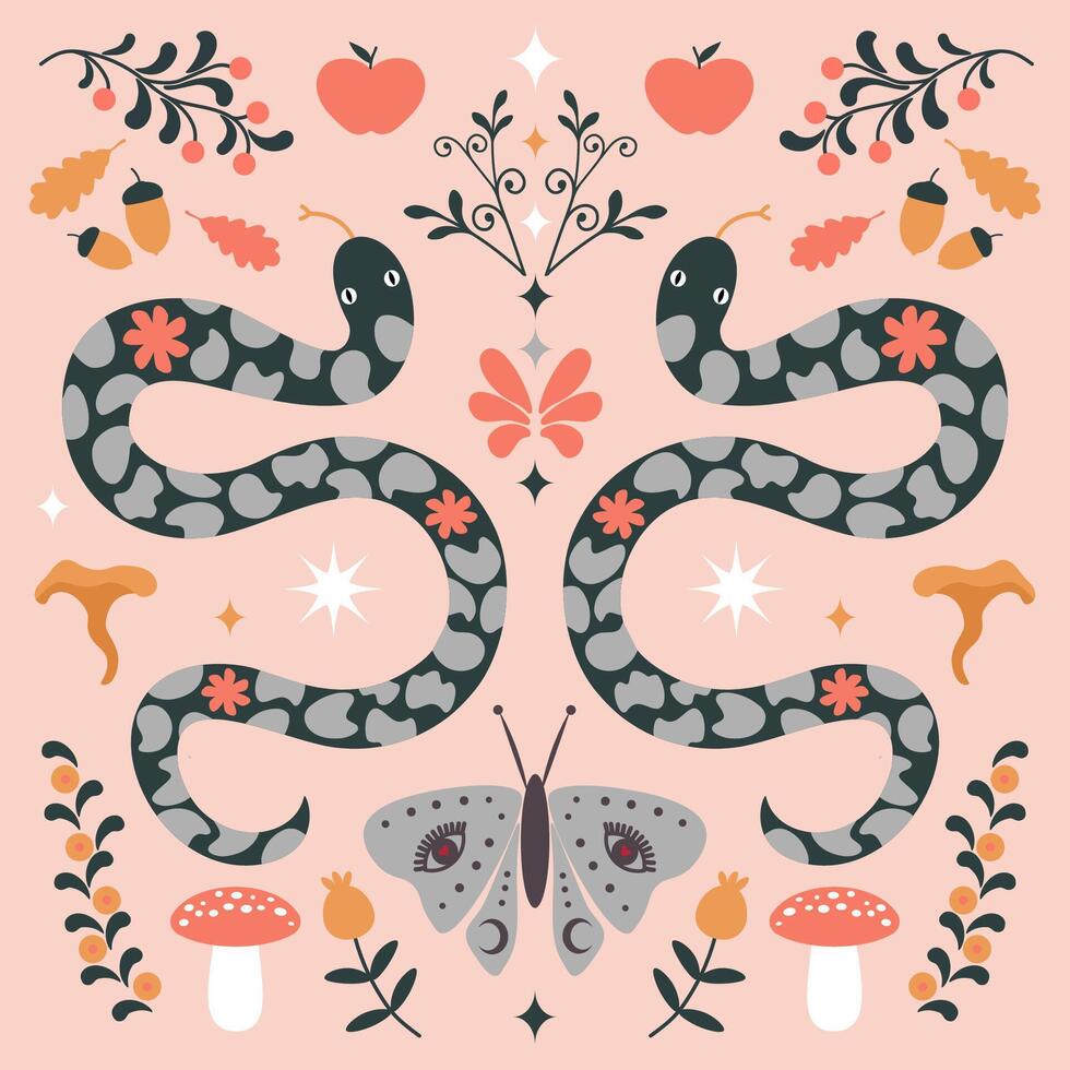 Symmetrical ornament with snakes and flowers, scandinavian autumn pattern and summer season illustration vector