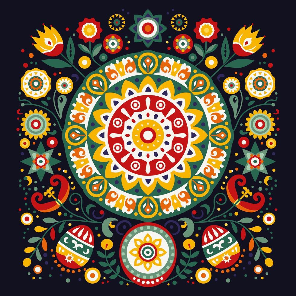 Folk Art Easter Eggs with Sun and Flowers, symmetrical illustration. Different colorful folk ornaments on black background vector