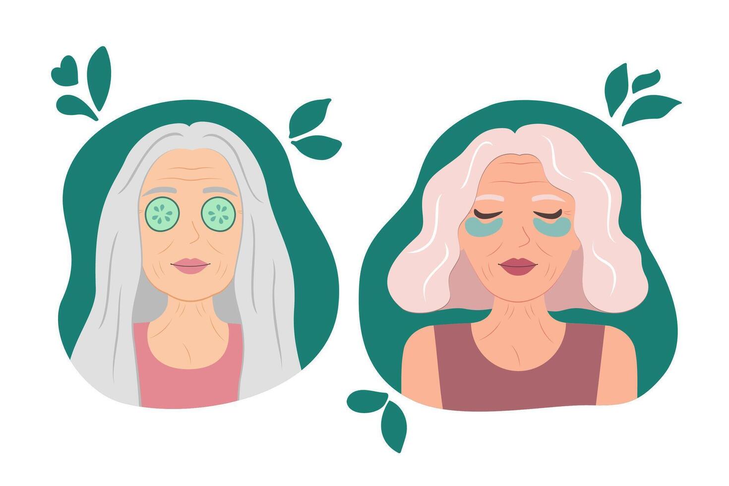 Senior Women Relaxing with Skincare Treatments, Cucumber and Eye Patches, illustration vector