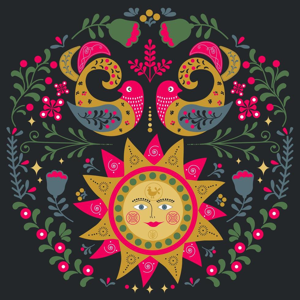 Scandinavian folk art with Sun, Birds and flowers, symmetrical illustration. Symmetrical ornament with sun and birds with different folk composions on black background vector