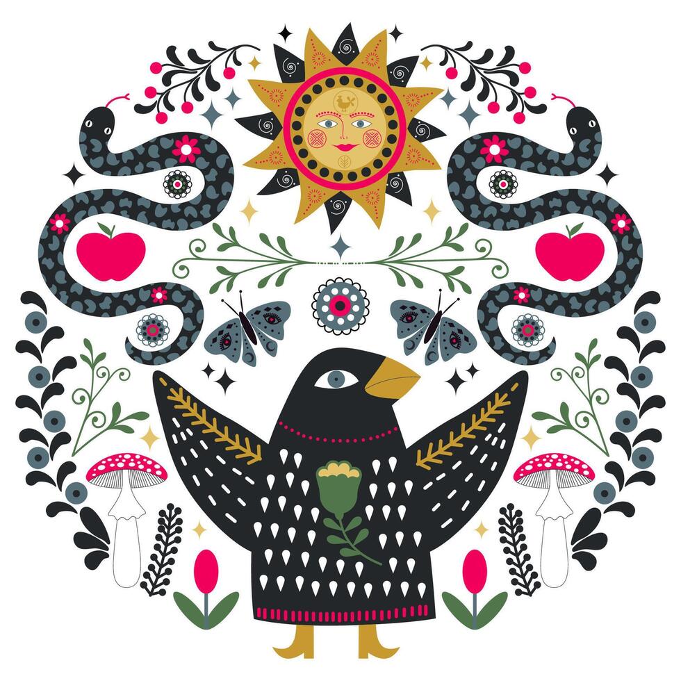 Scandinavian folk art Crow, Snakes and Sun symmetrical illustration. Symmetrical ornament with birds, snakes, sun with different folk composions on white background vector