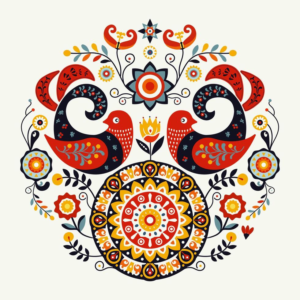 Traditional Folk Art with Decorative Birds, Ornamental Sun and Floral Elements. A vibrant illustration featuring a symmetrical folk art design for Maslenitsa vector