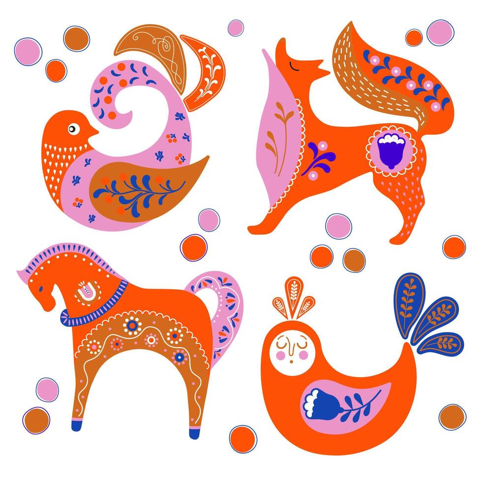 Folk art horse, fox and birds set in scandinavian style. Tribal nordic detailed animal and bird collection. Ethnic flat illustration with scandinavian detailes on white background vector