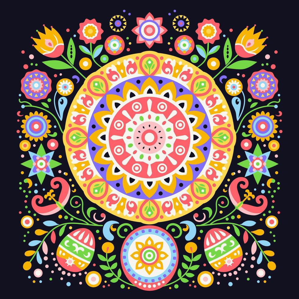 Scandinavian folk art with Easter Eggs, Sun and Flowers, symmetrical illustration. Different colorful folk ornaments on black background vector
