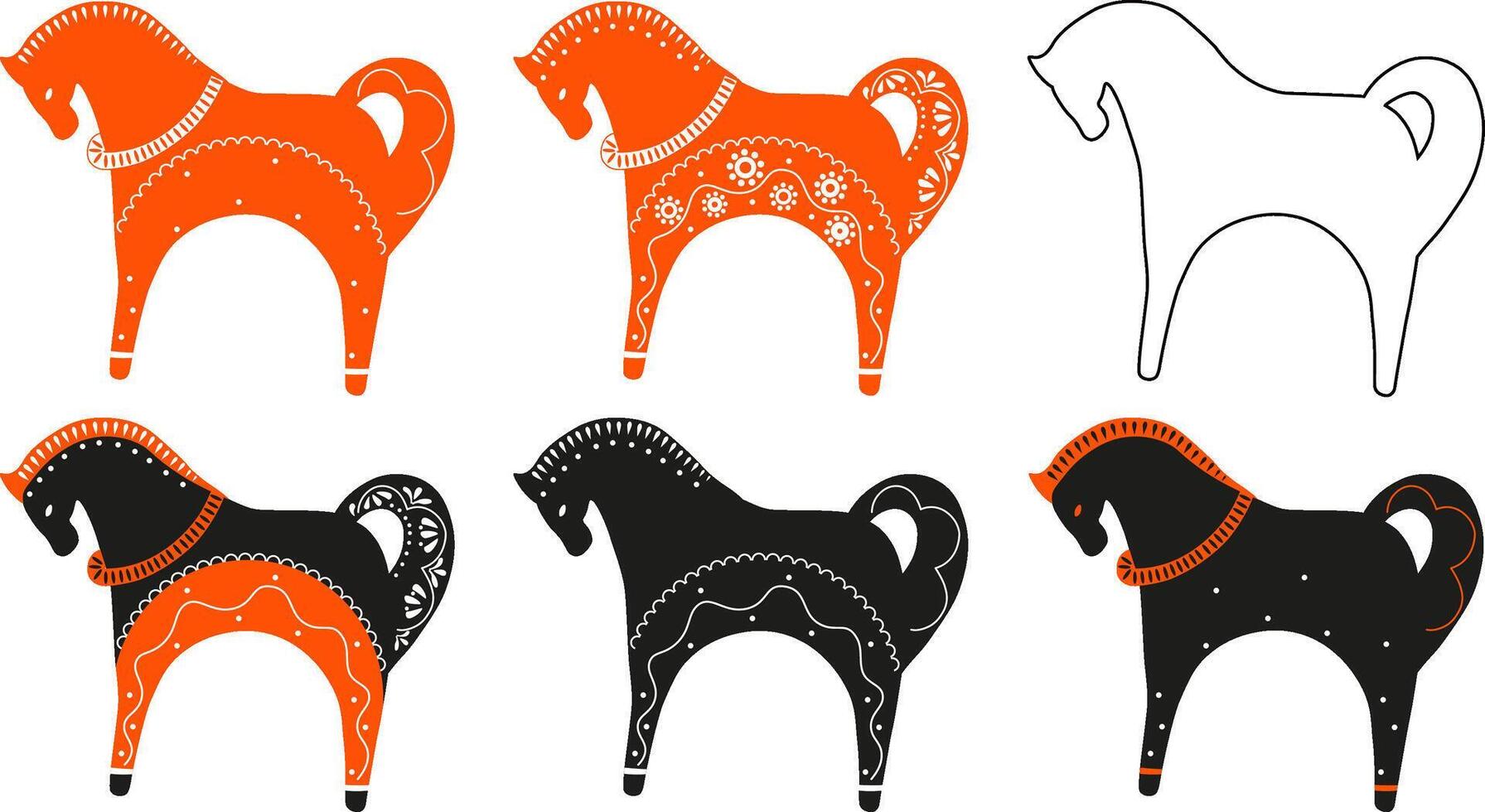 Folk ornamental horses in scandinavian style set illustration. Folk decorative red horse, black horse, horse outline vector