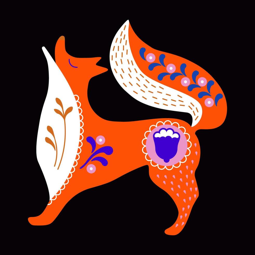 Cute colorful fox with folk ornaments. Red fox in folk style with ornamental patterns and flowers Illustration. Scandinavian, slavic style greeting card or invitation vector