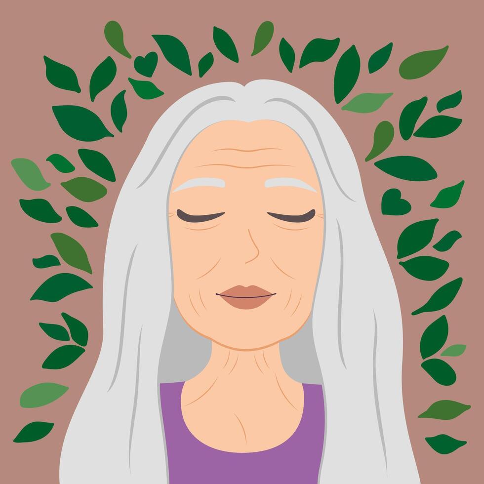 Serene Elderly Woman with Closed Eyes Surrounded by Leaves. Old Lady in Harmony illustration. Self care, Mental health vector