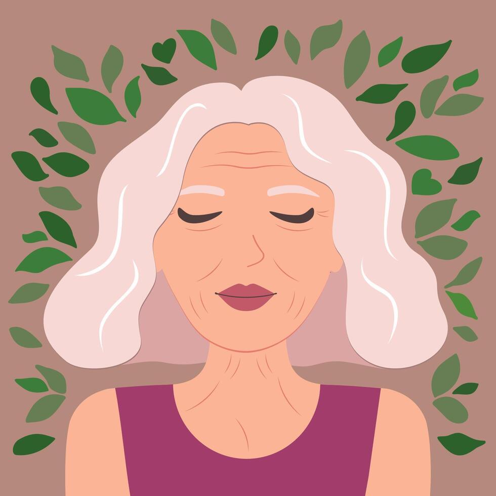 Old Lady with Closed Eyes Surrounded by Leaves. Portraite of a woman in harmony, self-care, positive aging vector