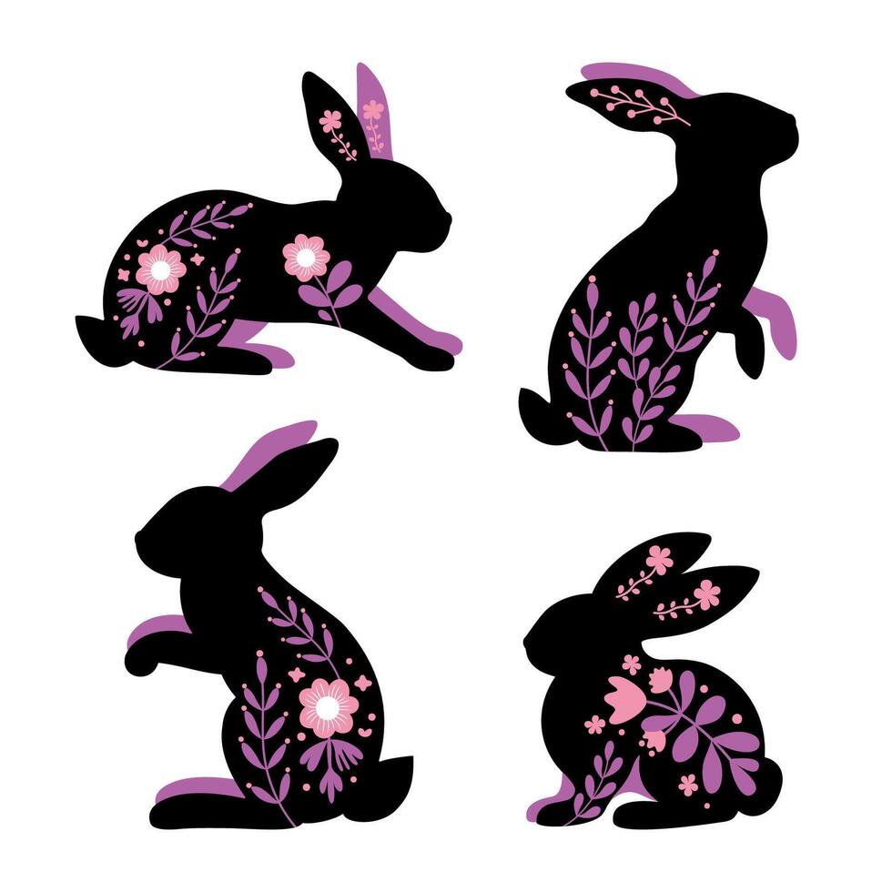 Floral Folk Art Rabbits on White Background. A decorative illustration featuring stylized rabbit silhouettes with floral patterns in a folk art style vector