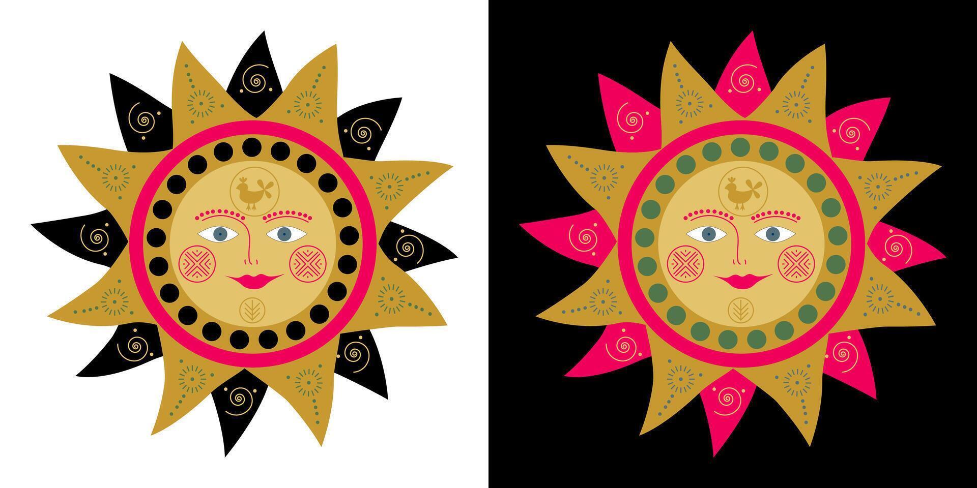 Set of 2 Cute colorful sun in folk scandinavian style illustration. Sun in folk style with ornamental patterns. Scandinavian, slavic style template for greeting card or invitation vector