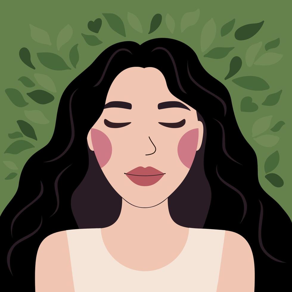 Portrait of happy woman feels healthy, calm, relaxMental health, Harmony, Self care. Illustration for World mental health day awareness vector