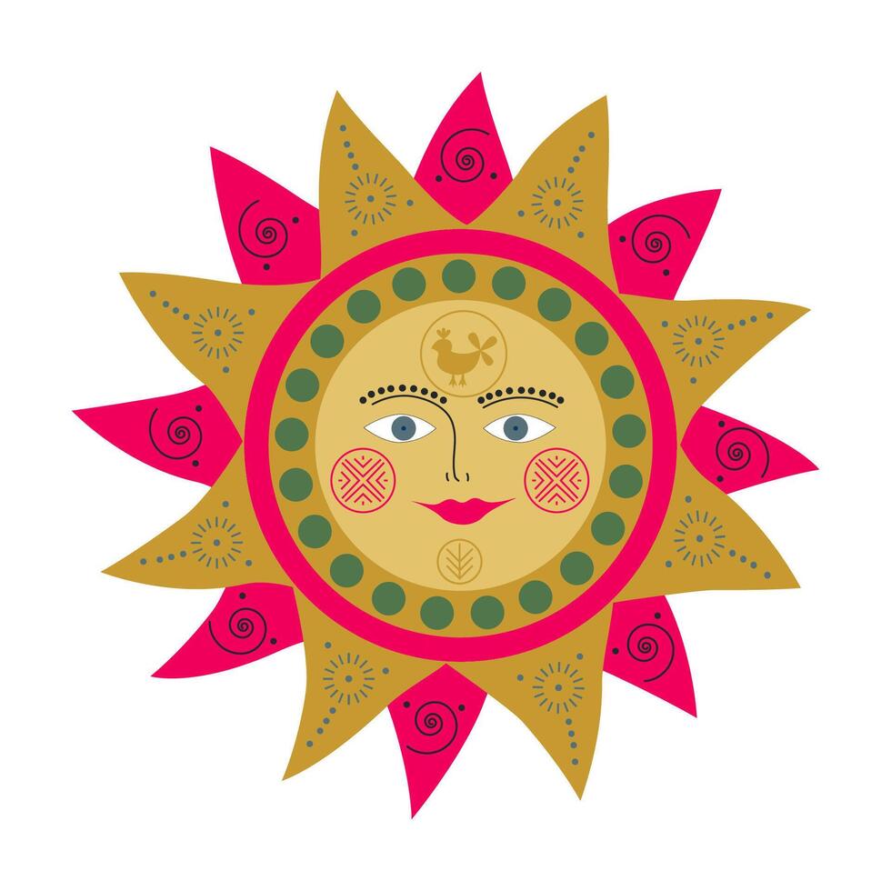 Colorful sun in folk scandinavian style illustration. Sun design with ornamental patterns. Scandinavian, slavic, russian, ukrainian style template for greeting card or invitation vector
