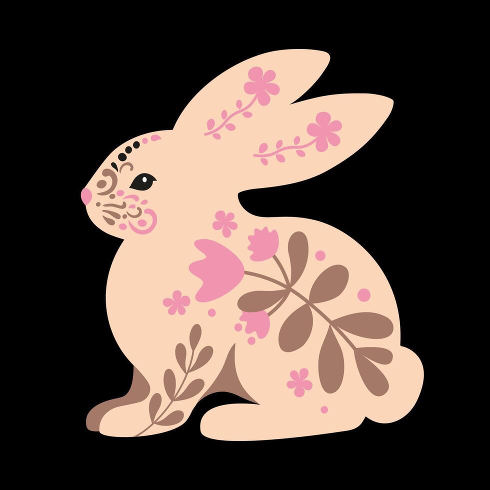 Folk Art Baby Bunny with Floral Patterns. Pastel color illustration on black background vector